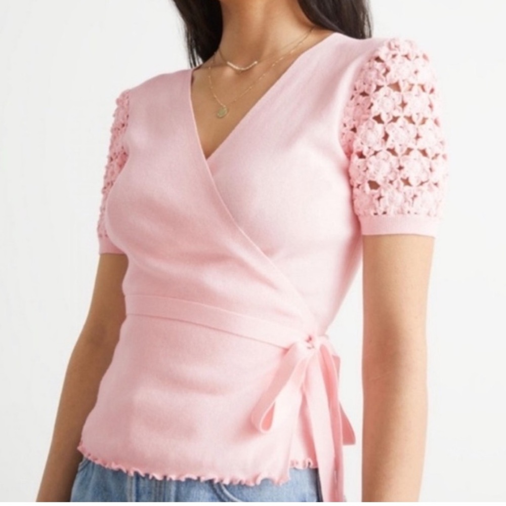 & Other Stories cotton Tie Wrap Front Knit sweater Top Crochet Puff Sleeves XS